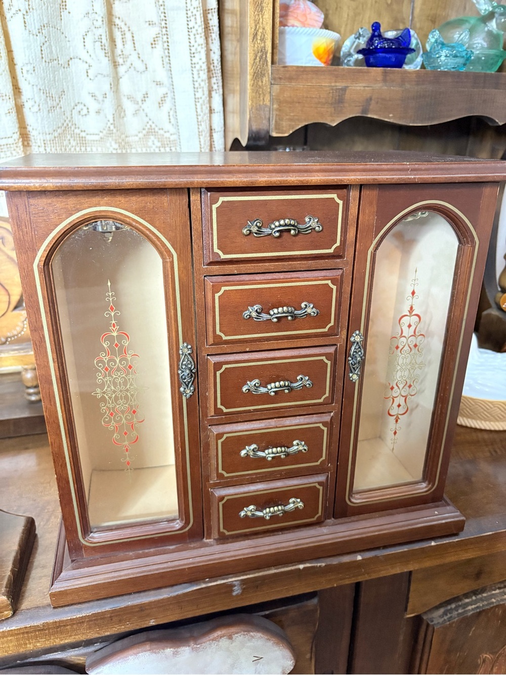 Vintage Wooden Jewelry Box with Glass Doors - Brown